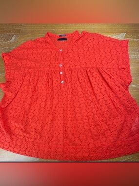 MOTHER Red Embroidered Eyelet Button-Front Short Sleeve Top Loose Boxy Summer